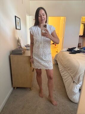 CALYPSO St Barths White Eyelet Cotton Mini Shift Dress coastal boho XS